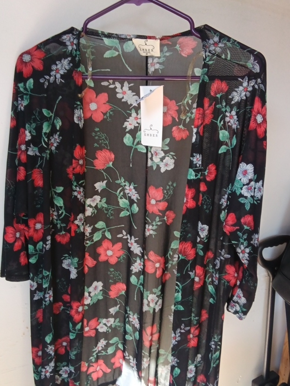 Enbar Sheer Floral Kimono Tunic — Black with Red & Green Floral